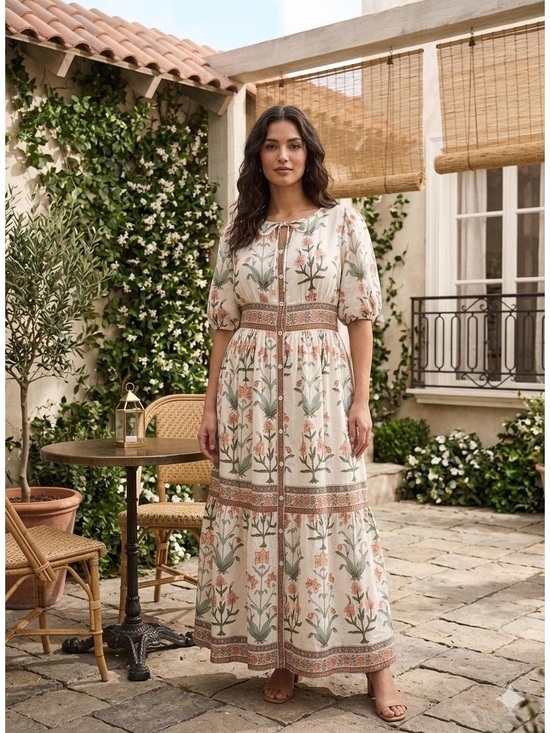 Hannah Artwear Dresses & Skirts - Hannah Cream Floral Maxi Dress with Puff Sleeves